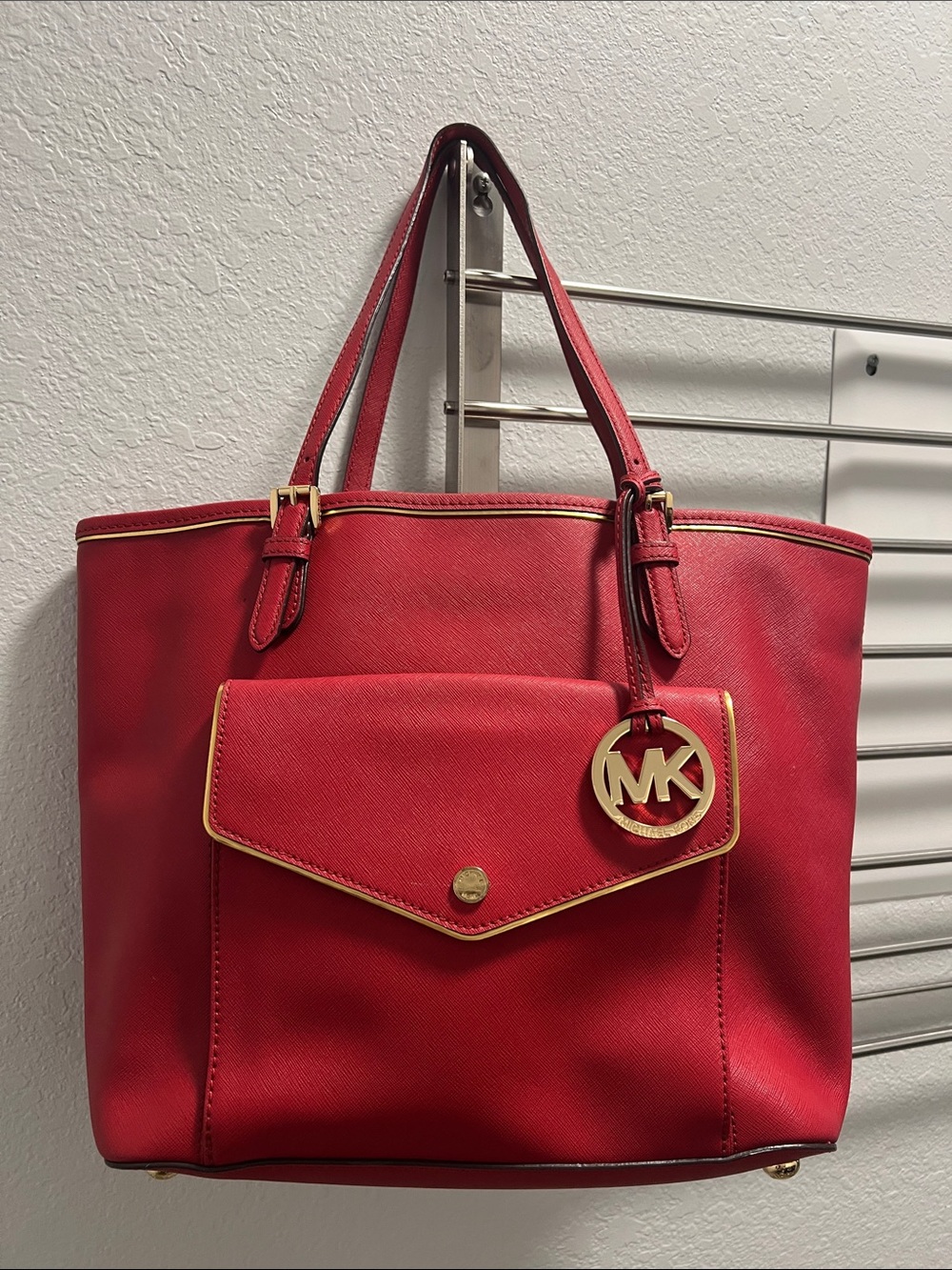 Michael Kors Red Saffiano Tote with Front Flap Pocket and MK Charm